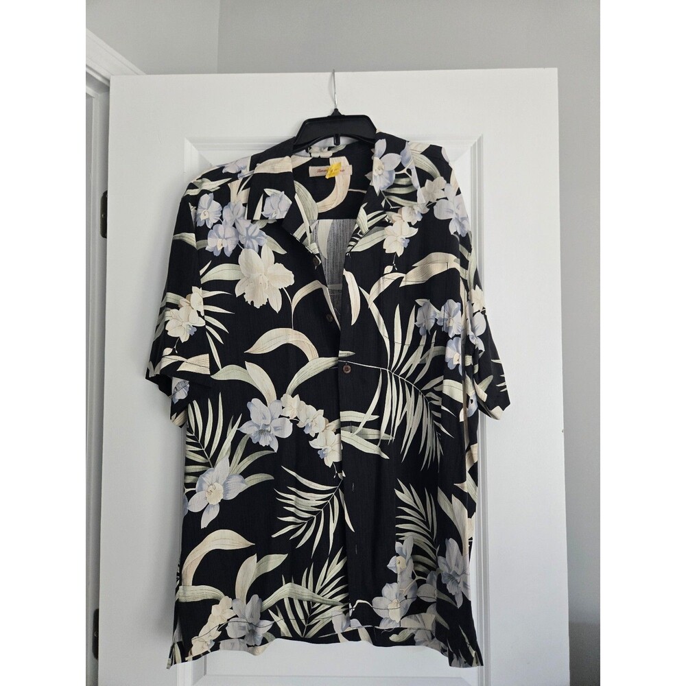 Tommy Bahama Shirt Mens Black Floral Silk Hawaiian Button Up  large